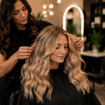 Soft luxury beach wave hair styling at modern Clearwater Beach salon